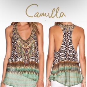 Camilla Multi Layer V Neck Animal Print Silk Tank Top